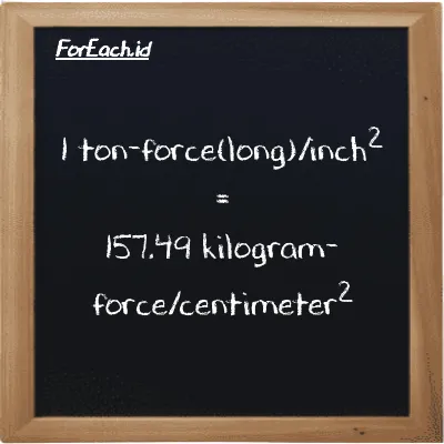 1 ton-force(long)/inch<sup>2</sup> is equivalent to 157.49 kilogram-force/centimeter<sup>2</sup> (1 LT f/in<sup>2</sup> is equivalent to 157.49 kgf/cm<sup>2</sup>)